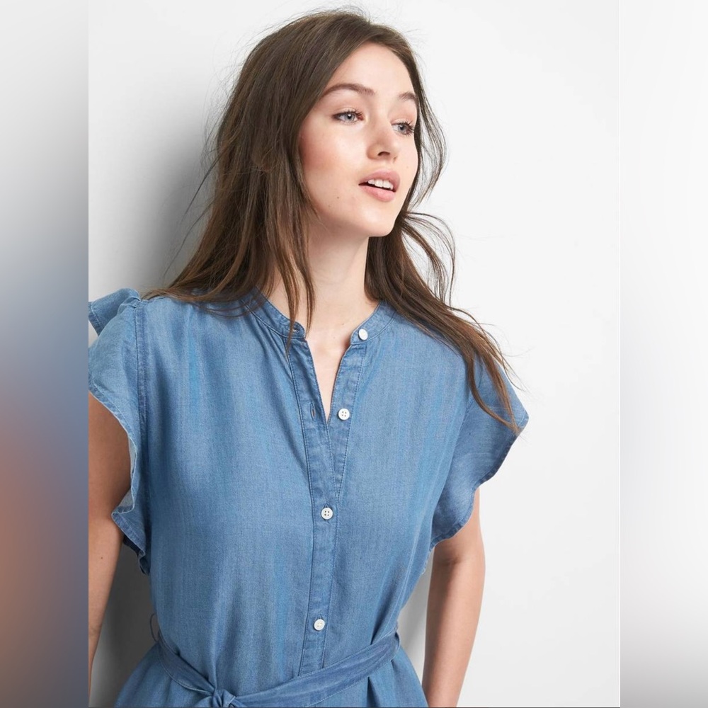 Euc Gap Flutter Sleeve Chambray Tencel Midi Shirt… - image 3